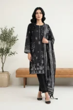 3-Pieces Unstitched Black and White Lawn Salwar Suit with Dupatta - LK002