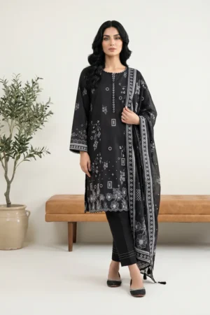 3-Pieces Unstitched Black and White Lawn Salwar Suit with Dupatta - LK002