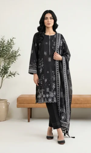 3-Pieces Unstitched Black and White Lawn Salwar Suit with Dupatta - LK002
