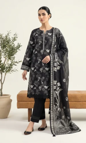 3-Pieces Unstitched Black and White Lawn Salwar Kameez with Dupatta - LK003