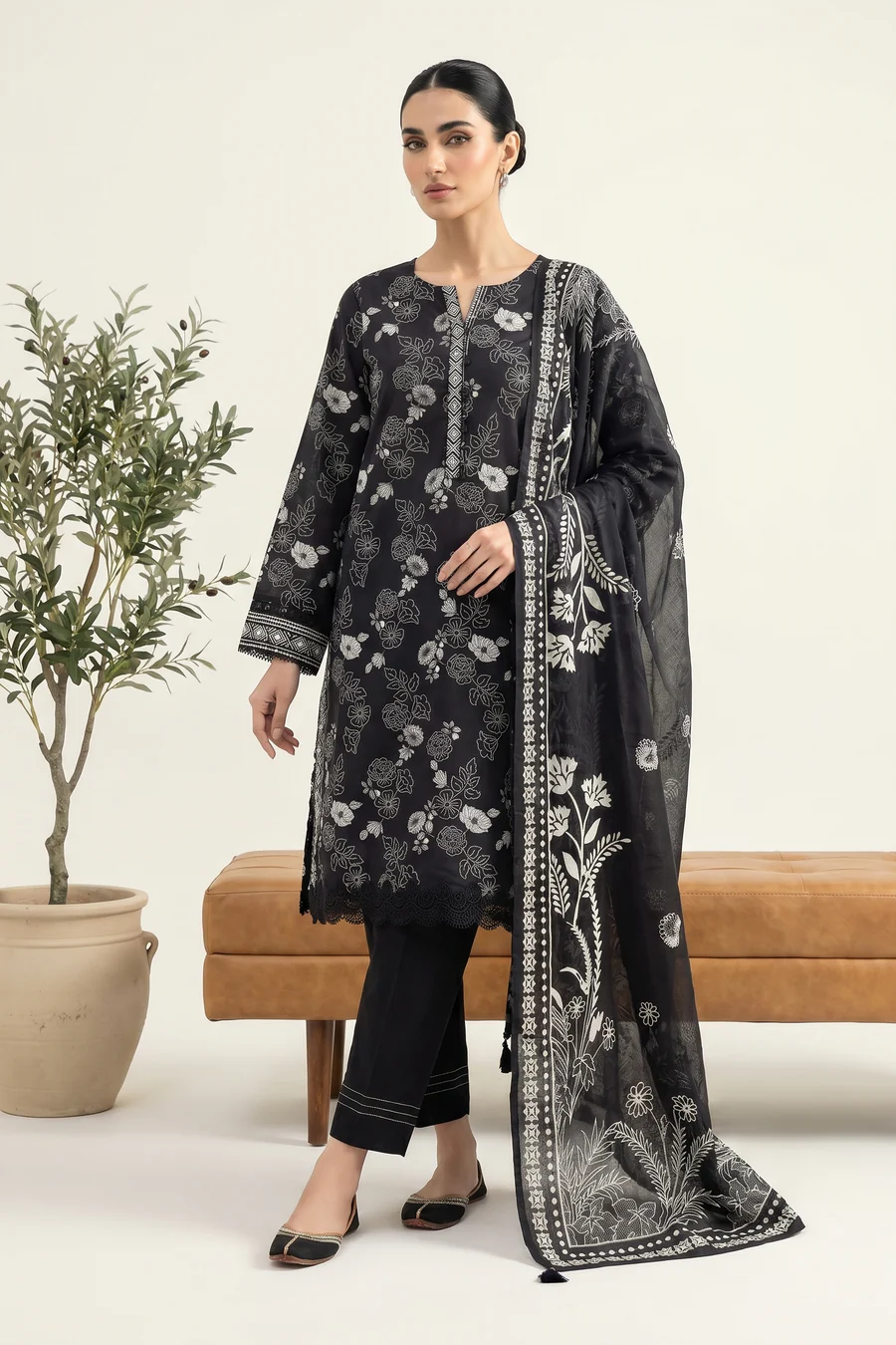 3-Pieces Unstitched Black and White Lawn Salwar Kameez with Dupatta - LK003