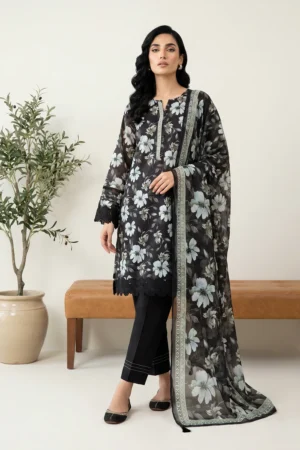 Elegant Black Base White Pattern Lawn Suit with Dupatta - LK004