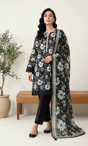 Elegant Black Base White Pattern Lawn Suit with Dupatta - LK004