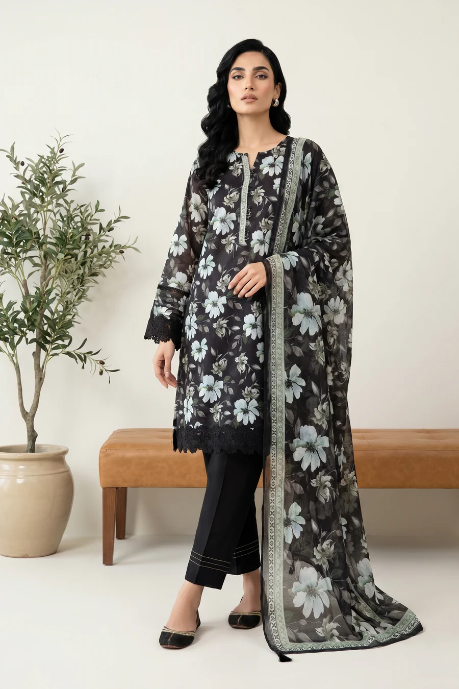 Elegant Black Base White Pattern Lawn Suit with Dupatta - LK004