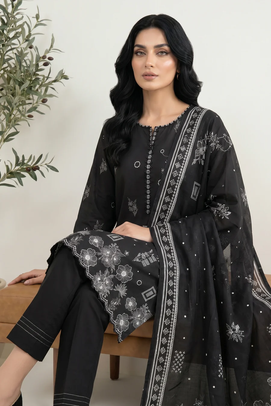 3-Pieces Unstitched Black and White Lawn Salwar Suit with Dupatta - LK002 - Image 2