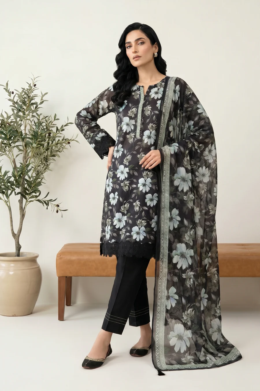 Elegant Black Base White Pattern Lawn Suit with Dupatta - LK004 - Image 3