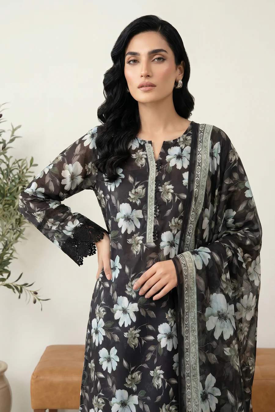 Elegant Black Base White Pattern Lawn Suit with Dupatta - LK004 - Image 4