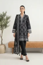 Minimalist White Lawn Suit with Black Prints - LK005