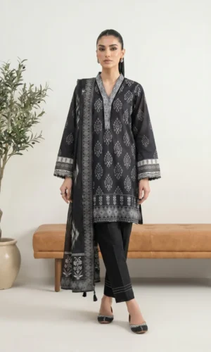 Minimalist White Lawn Suit with Black Prints - LK005