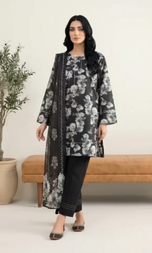 Floral Pattern Black & White Printed Lawn Suit - LK007