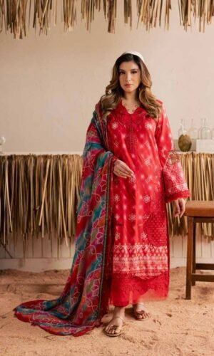 Nureh Red Color Embroidered Printed Lawn - 009