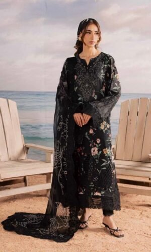Nureh Black Embroidered Printed Lawn - 010